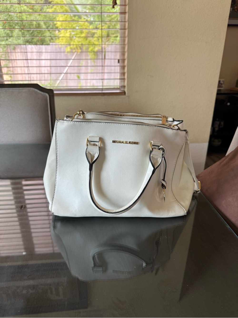 Michael Kors White Leather Satchel with Gold Hardware